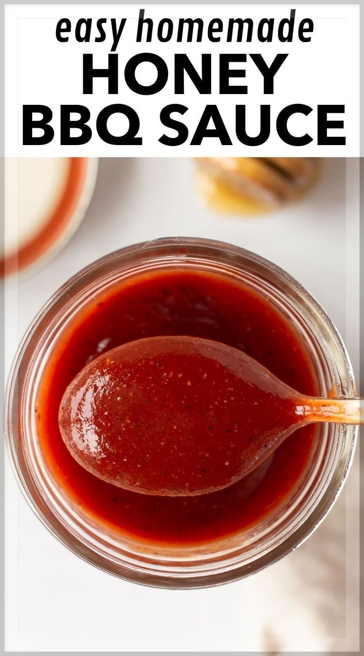 homemade honey bbq sauce in a mason jar with text overlay that reads easy homemade honey bbq sauce