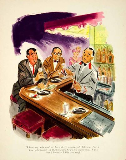 three men sitting at a bar talking to each other while the man is serving food