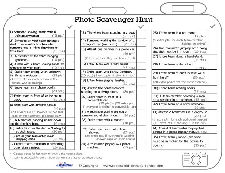 a printable photo scavenger hunt with instructions for the camera and its contents