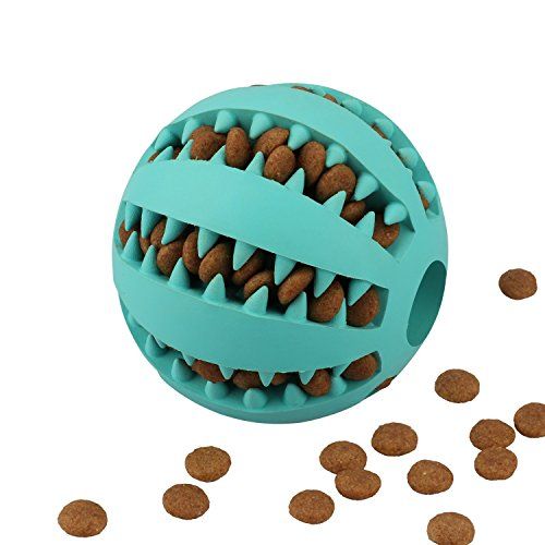 a blue dog toy with teeth on it's side and some brown dogs around it