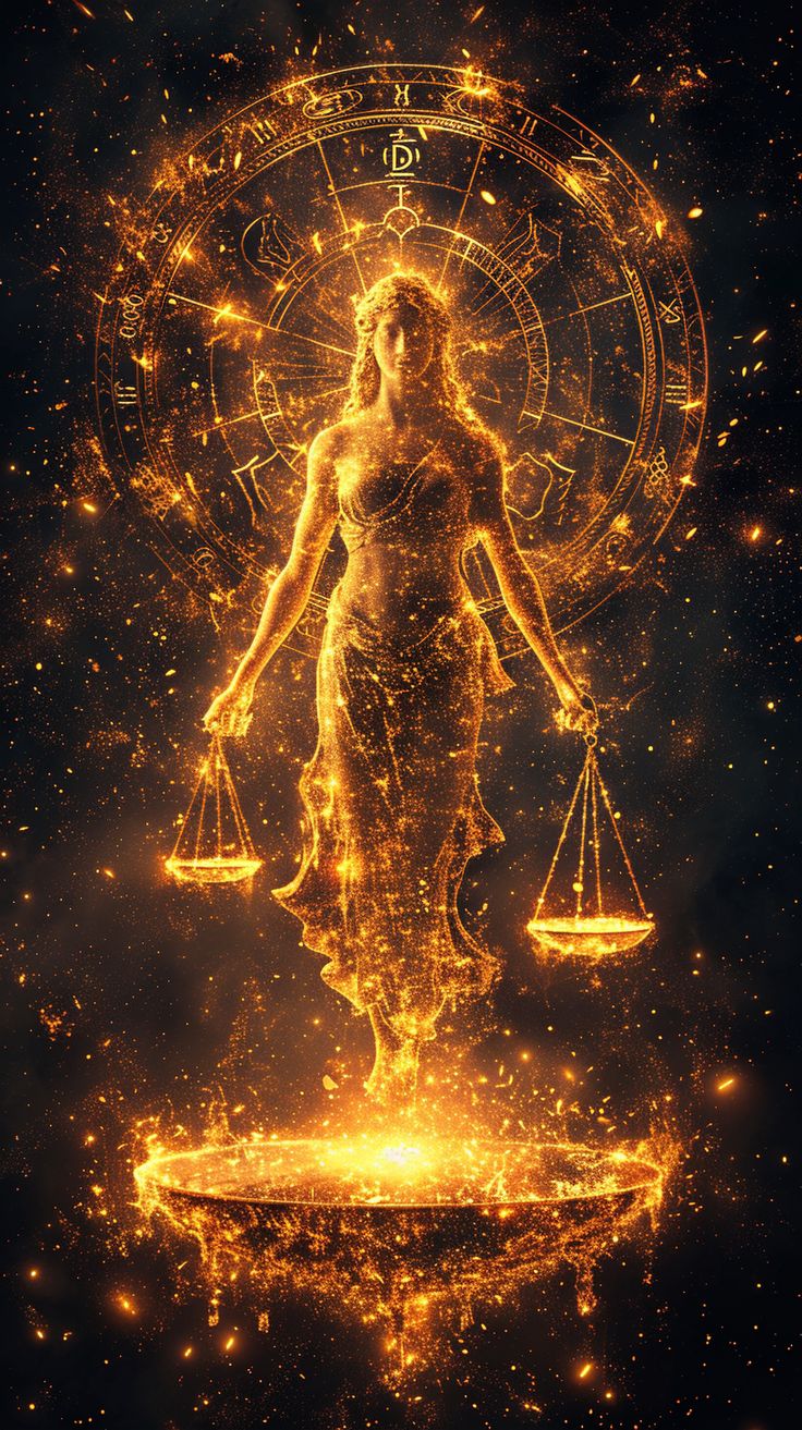 an image of a woman holding the scales of justice in fire and ice on a black background