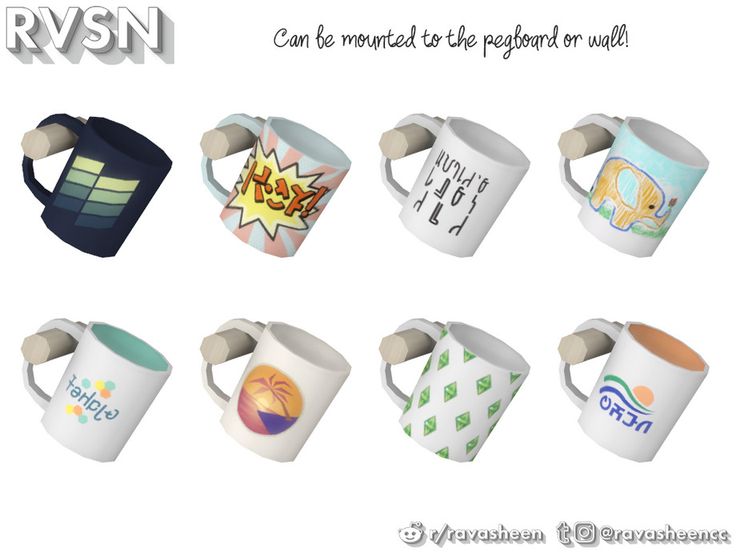 six coffee mugs with different designs on them