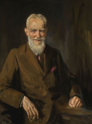 a painting of an older man with a white beard and wearing a suit sitting in a chair