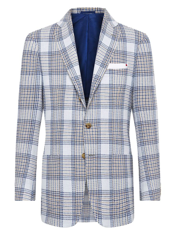 Single-breasted jacket with a carded effect on the surface of the fabric, crafted in an quintessential blend of cashmere and linen. The glen plaid motif intertwines tones of white, blue and beige. Finely crafted textiles have always been a cornerstone at Kiton: in our wool mill in Biella, Italy, constant experimentation has given rise to the creation of innovative textures and fibres, paying special attention to sustainability and the environment. The deconstructed nature of the garment and theuse of soft yarn offer an authentic, personal experience of refined comfort that combines allure and freedom of movement with a focus on relaxed elegance. The cornerstones of the Kiton wardrobe change without losing their substance. The precision ofhaute couture blends with the comfort of leisurewear White Tweed Business Jacket For Fall, Plaid Linen Blazer With Notch Lapel, Classic White Wool Tweed Jacket, Timeless White Outerwear With Concealed Placket, Tailored Plaid Linen Blazer, Tailored Linen Plaid Blazer, Plaid Linen Blazer For Business, White Linen Outerwear With Welt Pockets, Plaid Linen Outerwear For Work