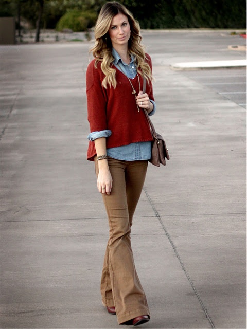 . Pumpkin Sweater, Jean Shirt, Pink Vest, Target Clothes, Brown Pants, Red Sweater, Flared Pants, 70s Inspired, Casual Work