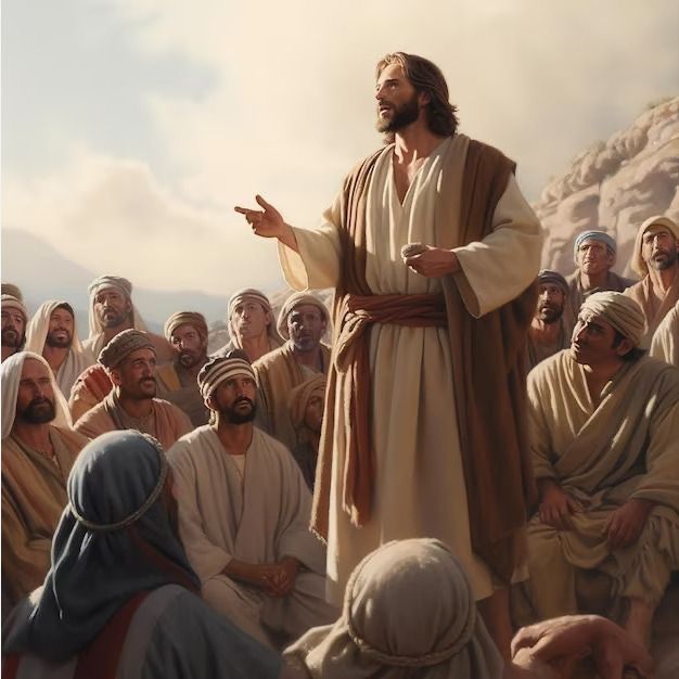 a painting of jesus standing in front of a group of people