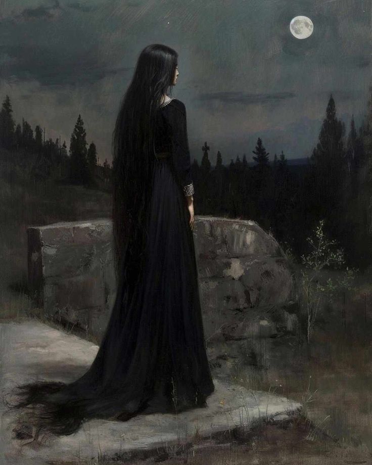 a woman with long black hair standing on a rock in front of a full moon