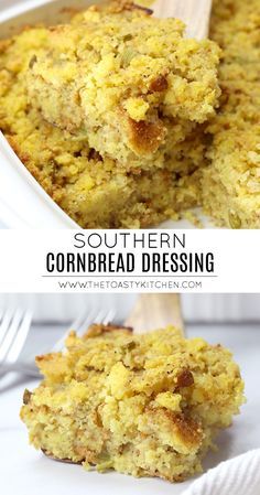 cornbread dressing in a white casserole dish with a wooden spoon on the side