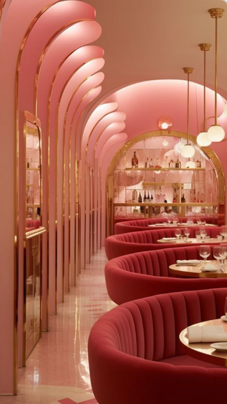 the interior of a restaurant with pink and gold decor