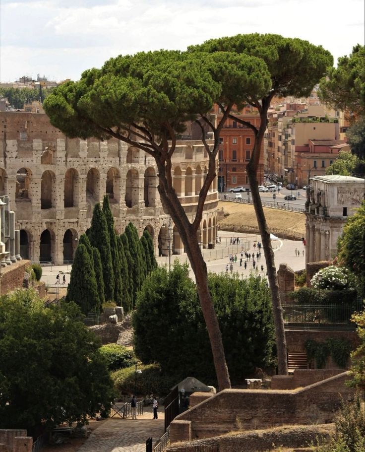 an ancient roman city with trees and buildings