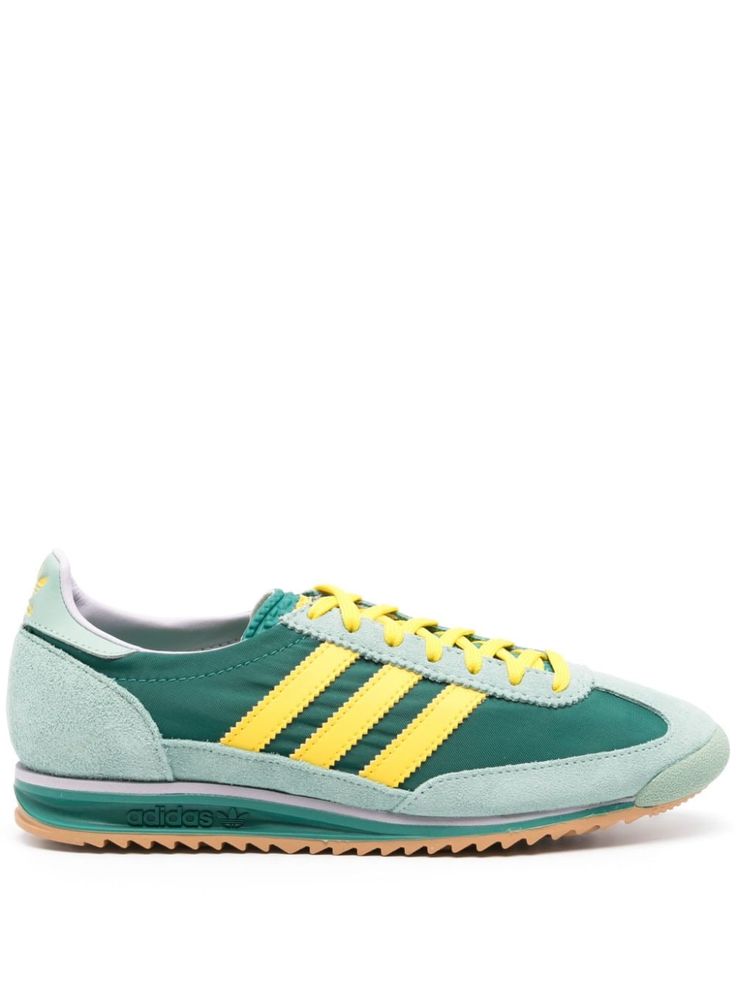 green/yellow panelled design round toe signature 3-Stripes logo logo-debossed tongue contrasting heel counter branded insole rubber sole front lace-up fastening Adidas Sl 72, Sneakers Green, Iconic Bags, Summer Beach Wear, Flat Boots, Exclusive Fashion, Ballet Flat Shoes, Pump Sandals, Ski Wear