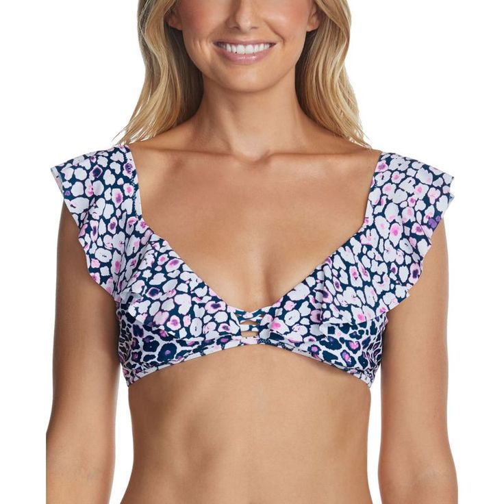 Romantic Ruffles Give Girly Glamour To This Alluring V Neck Bikini Top From Raisins Curve Pairing Perfectly With The Vibrant Print And Strappy Accents For An Overall Must Have Style Feminine Ruffled Swimwear For Vacation, Blue Swimwear With Ruffled Straps For Beach, Blue Ruffled Straps Swimwear For Beach, Blue Ruffled Strap Swimwear For Beach, Feminine Printed Swimwear For Beach, Feminine Printed Swimwear For The Beach, Feminine Printed Swimwear For Vacation, Popular Swimwear, Halter Swim Top