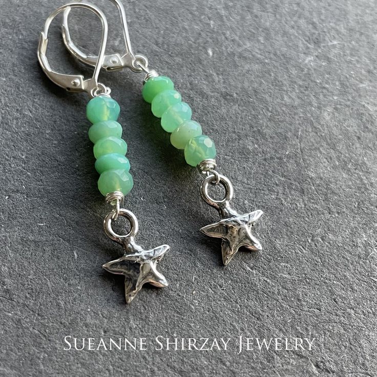 Bright beautiful faceted chrysoprase wired in sterling silver show off a sweet solid sterling silver artisan star. The approximate length is 1 7/8". The leverbacks shown are an upgrade. Please choose your earwire preference. Your jewelry will arrive beautifully giftboxed. Nickel-free Silver Chrysoprase Jewelry, Nickel-free Chrysoprase Jewelry Gift, Adjustable Silver Jewelry With Chrysoprase, Adjustable Silver Chrysoprase Jewelry, Small Boutiques, Diy Wire Jewelry, Colorful Jewelry, Show Off, Wire Jewelry