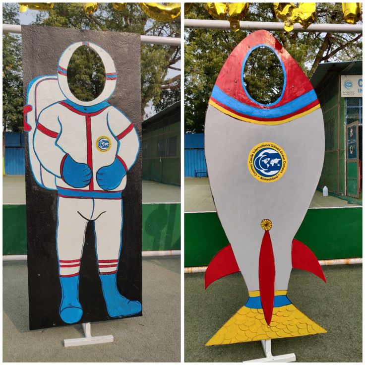 three pictures of different sized rockets on display