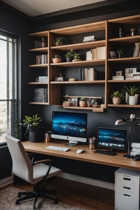 a desk with two computer monitors and a keyboard on it in front of a window