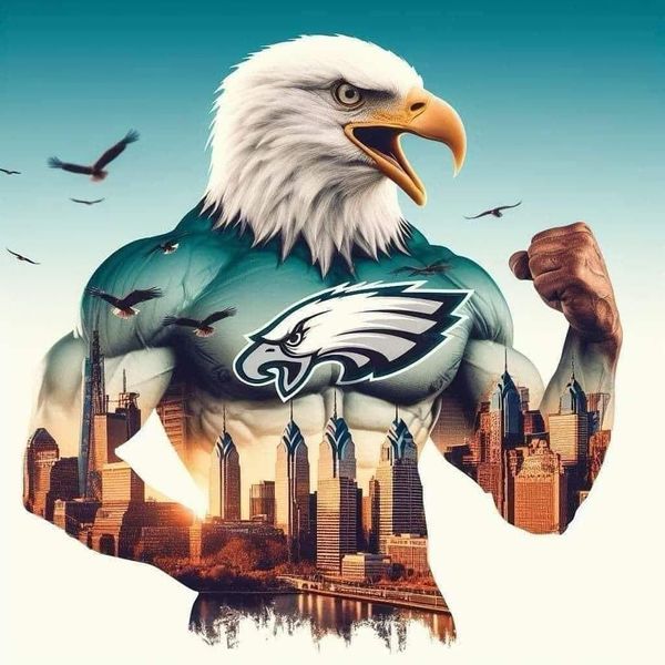 an eagle with the philadelphia eagles on it's chest is in front of a city skyline