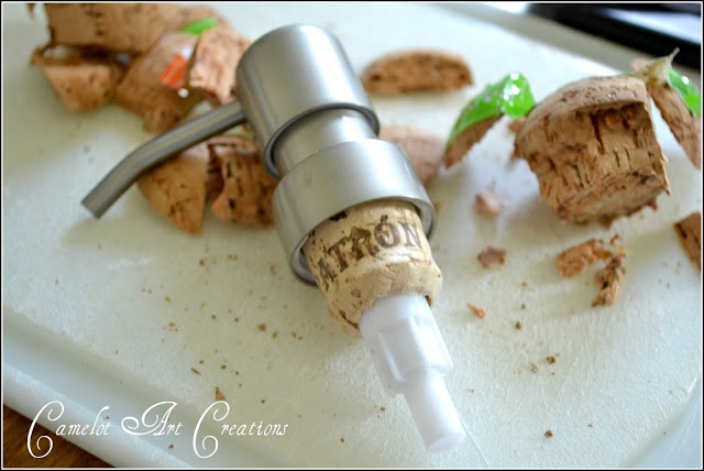 the corks are being used to make an unusual bottle stopper for something else