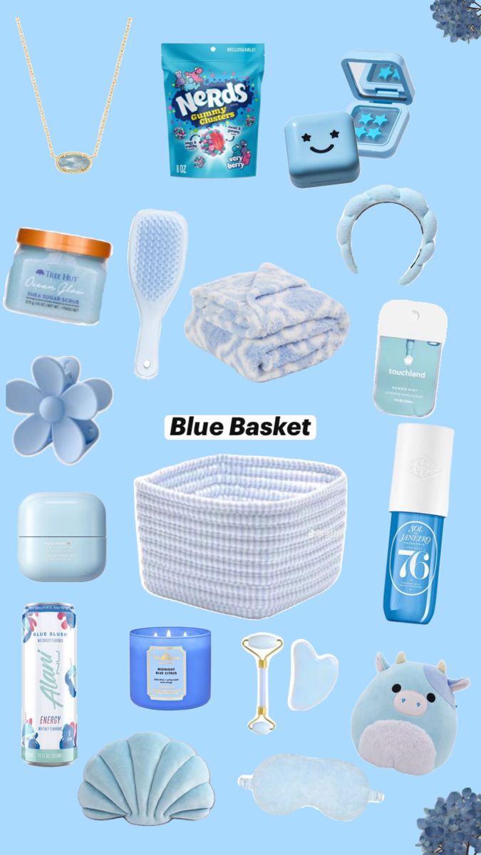 #bluebasket#onecolor#giftideas Blue Basket Gift Ideas, Blue Themed Gift Baskets, Blue Gift Basket, Basket Gift Ideas, Making A Gift Basket, Big Little Basket, Blue Basket, Girl Gift Baskets, Best Gift Baskets