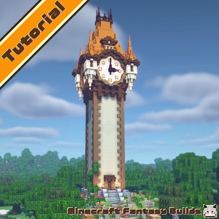 a large clock tower in the middle of a minecraft town with lots of trees