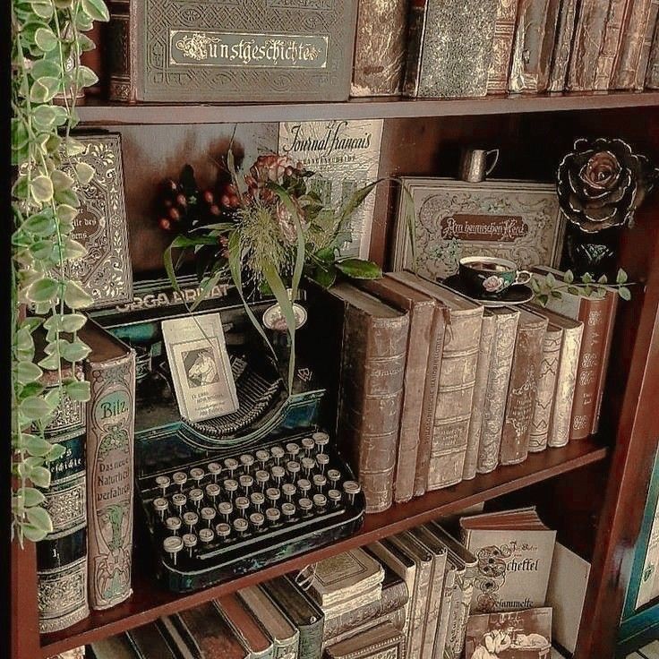 an old fashioned typewriter sitting on top of a book shelf filled with books and plants