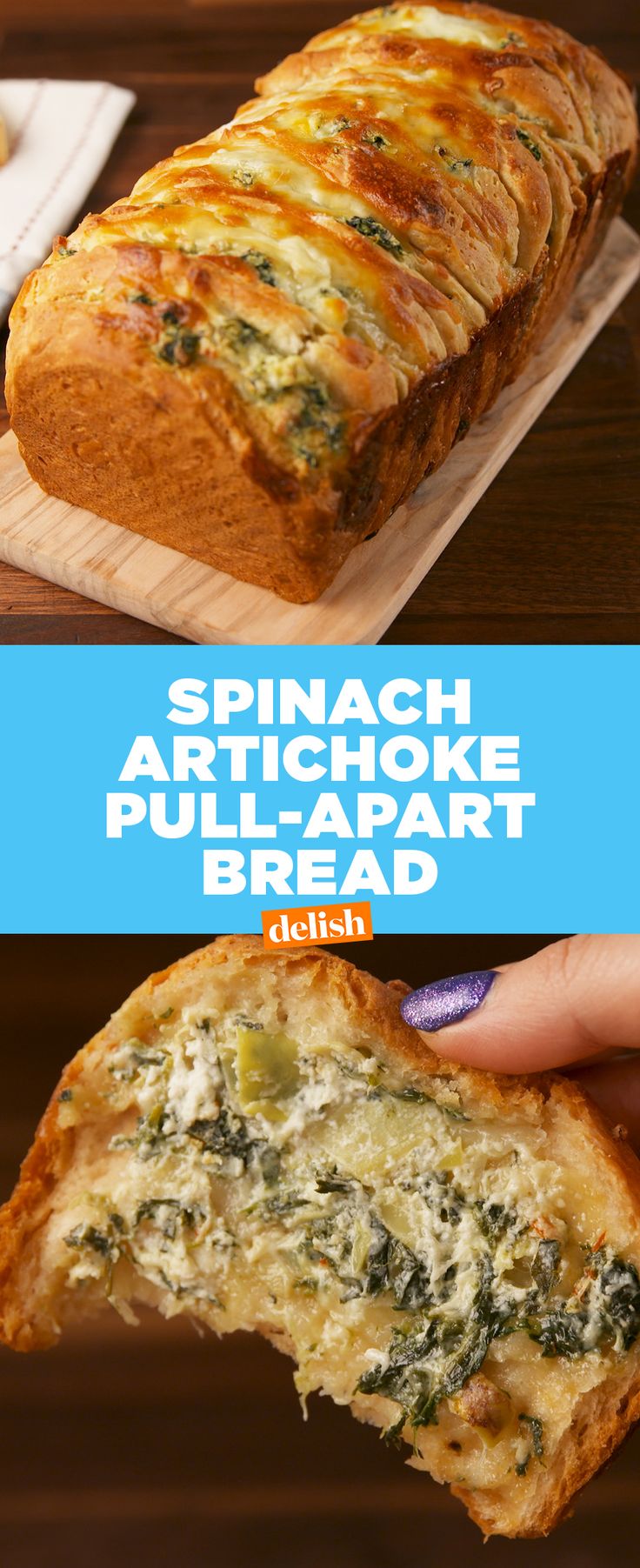 spinach artichoke pull apart bread on a cutting board with text overlay that reads spinach artichoke pull apart bread