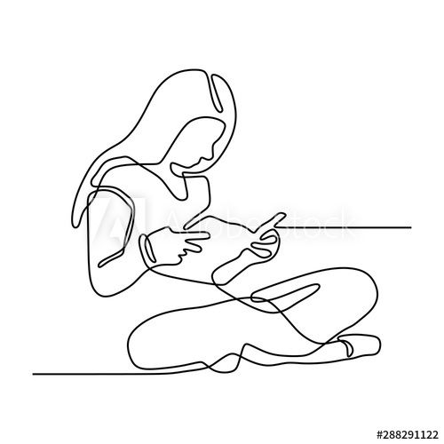 continuous line drawing of a woman sitting on the floor with her hands together and looking at her phone