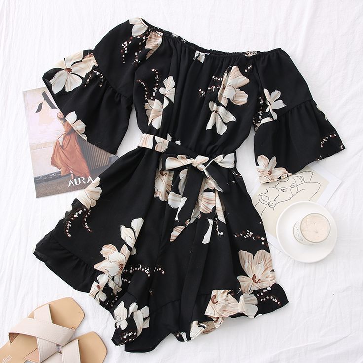 Summer new style all-match floral off-shoulder neckline waistband ruffled jumpsuit wide-leg pants