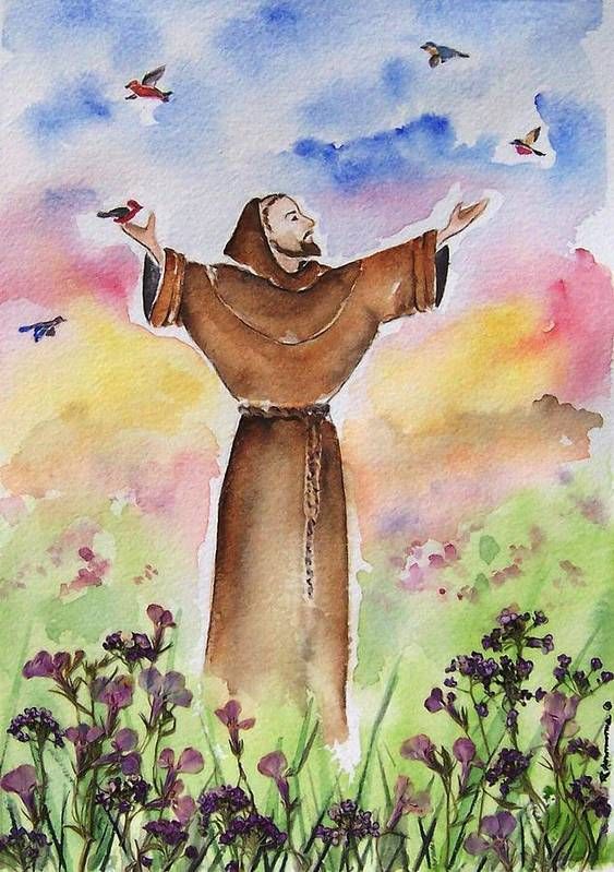 a watercolor painting of a man with his arms outstretched in front of purple flowers