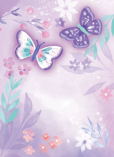 two butterflies are flying in the air above flowers and leaves on a purple background with pink, green, blue, and white colors