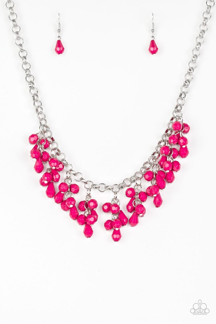 Featuring round and teardrop shapes, clusters of faceted pink beads swing from the bottom of a shimmery silver chain, creating a playful fringe below the collar. Features an adjustable clasp closure.

Sold as one individual necklace. Includes one pair of matching earrings. Pink Jewels, Classy Jewelry, Pink Necklace, Teardrop Beads, Paparazzi Accessories, Modern Necklaces, Pink Beads, Paparazzi Jewelry, Silver Chain Necklace