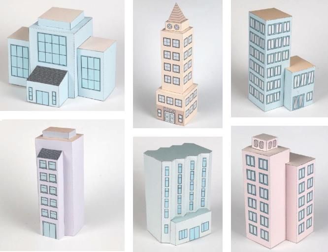 six different types of buildings made out of paper