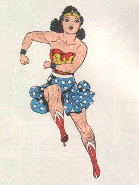 a drawing of a woman wearing a superman costume and flying through the air with her arms outstretched