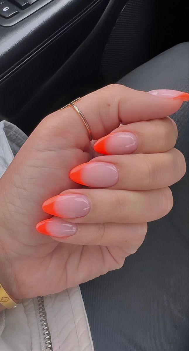 Hot Orange French Tip Nails, Coral Orange French Tip Nails, Bright French Tip Nails Almond, Bright Summer Nails French Tips, Bright Orange Tip Nails, Coral Red French Tip Nails, Neon Orange French Tip Nails Almond, French Tip Coral Nails, Neon Colored French Tip Nails