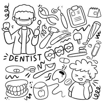 a black and white doodle drawing of dental hygiene items with the words dentist on it