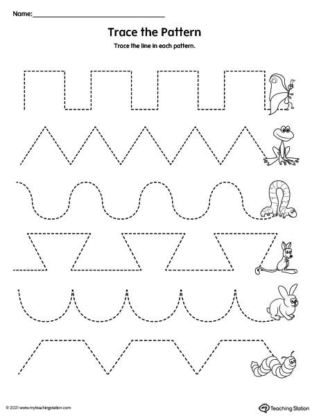 trace the pattern worksheet for children to learn how to draw and color on