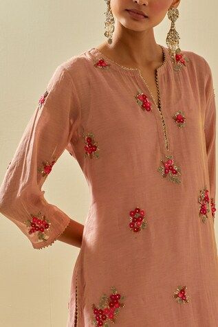 Pink kurta with zari embroidery featuring floral silk applique clusters, embellished by sequins. Comes with embellished pant, scalloped hem dupatta and inner slip. - Aza Fashions Spring Embroidered Silk Sharara, Spring Floral Embroidery Raw Silk Palazzo Set, Embroidered Kurta For Spring Reception, Spring Reception Embroidered Kurta, Traditional Floral Embellished Sets For Summer, Spring Sharara With Dori Work In Chanderi, Spring Chanderi Sharara With Dori Work, Spring Salwar Kameez With Dori Work, Fitted Palazzo Set With Intricate Embroidery For Spring