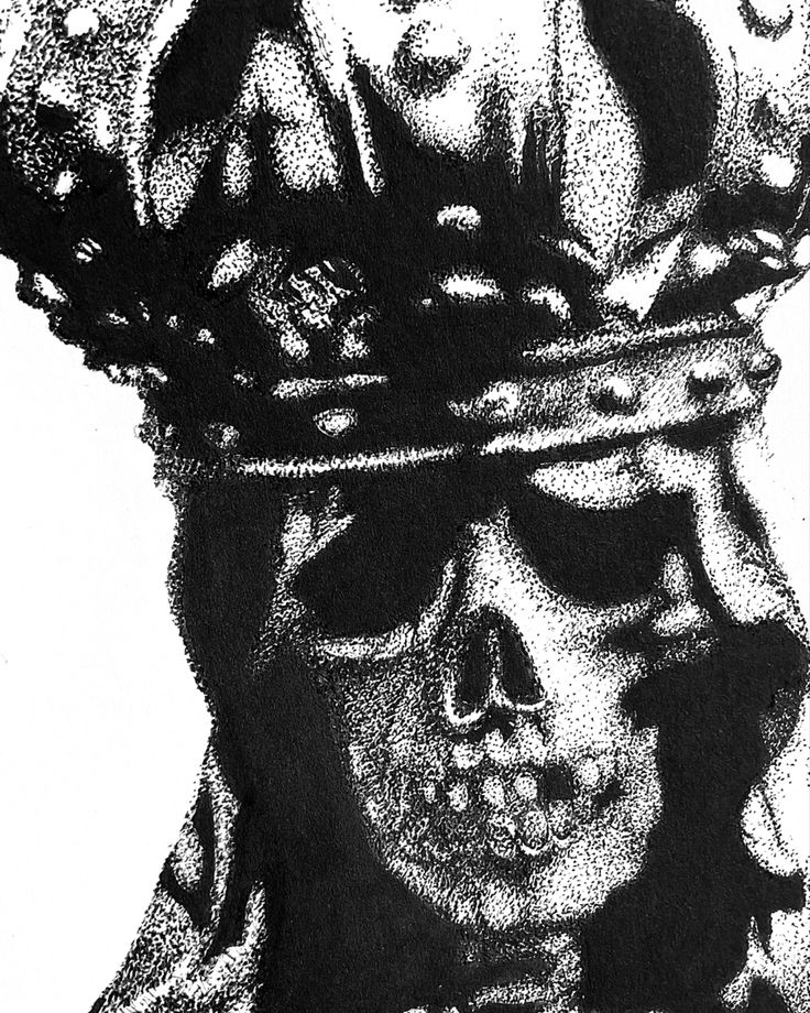 a black and white drawing of a skull wearing a crown