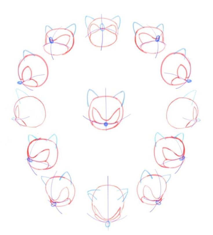 an image of a circle with cats drawn on it's sides in red and blue