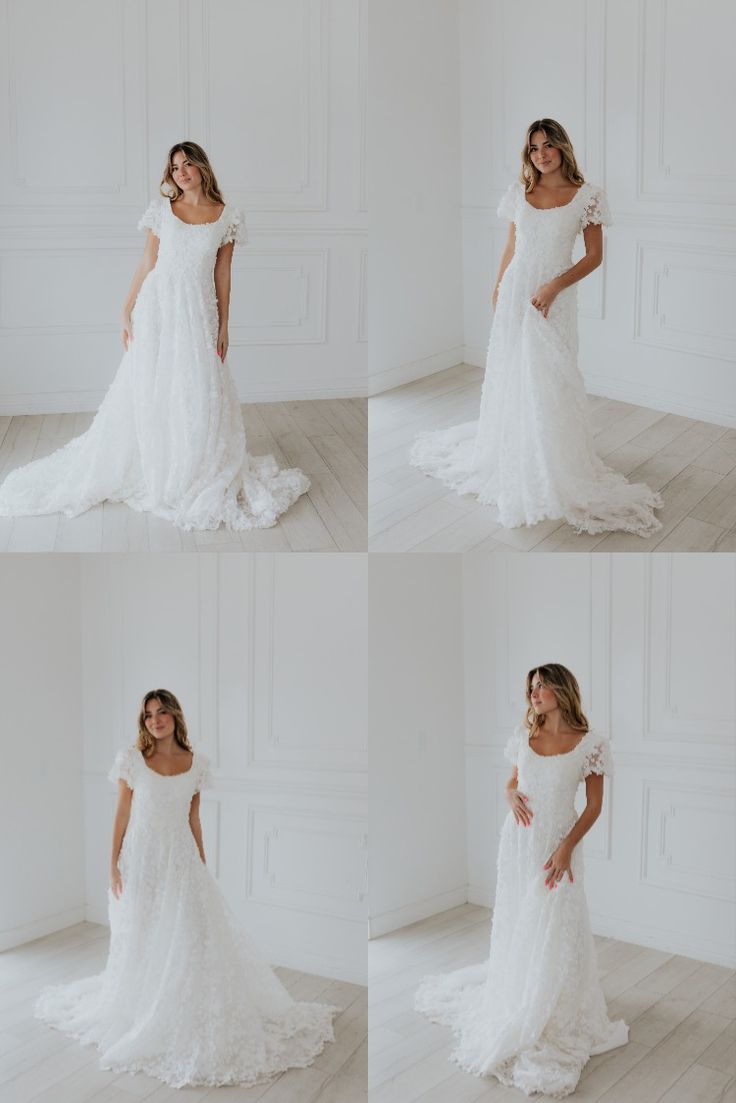 four different shots of a woman in a white wedding dress with ruffles on her shoulders