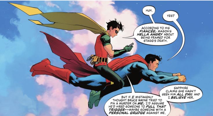 two comic characters flying through the air with their backs to each other, one wearing a red cape