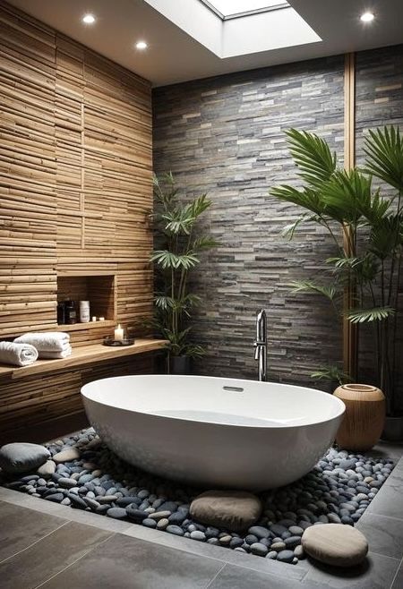 a large white bath tub sitting under a skylight next to a stone counter top