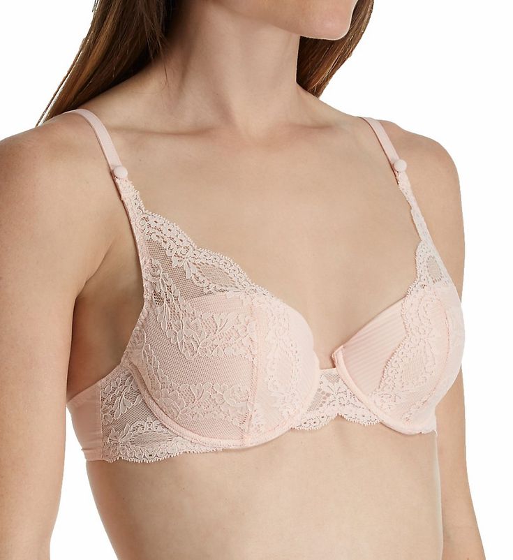 Romantic and whimsical, this scalloped Calais Leavers lace bra has semi sheer straps and a two-part balconette cup. Made of polyamide, elastane and cotton. Underwire bra features an interior vertical cup seam that shapes and imparts an even, smooth, rounded look. Lightly padded cup has a lace overlay with scalloped edges for a romantic look. Bandless front is more comfortable for short-waisted women. Arched center panel with a scalloped lace overlay. Mesh sides and back have sewn-on elastic alon Fitted Pink Lace, Fitted Pink Lace Tops, Delicate Lace Bra With Lace Trim, Pink Feminine Bra With Delicate Lace, Feminine Pink Bra With Delicate Lace, Pink Feminine Bra For Wedding, Pink Lace Trim Bra For Wedding, Wedding Bra With Pink Lace Trim, Wedding Bra With Lace Trim In Pink