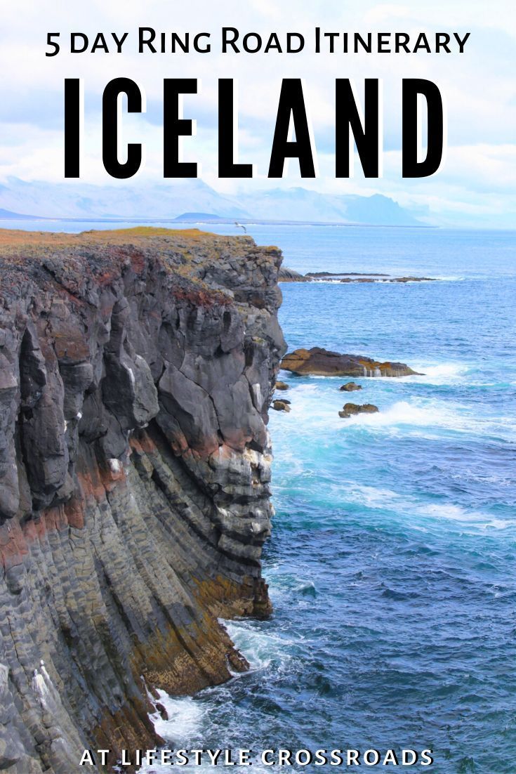 the cover of five day ring road itinerary iceland, featuring cliffs and blue water