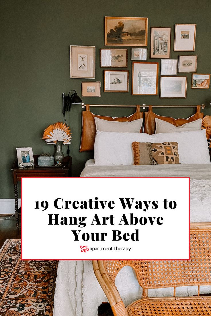 a bed with pictures above it and the words 10 creative ways to hang art above your bed