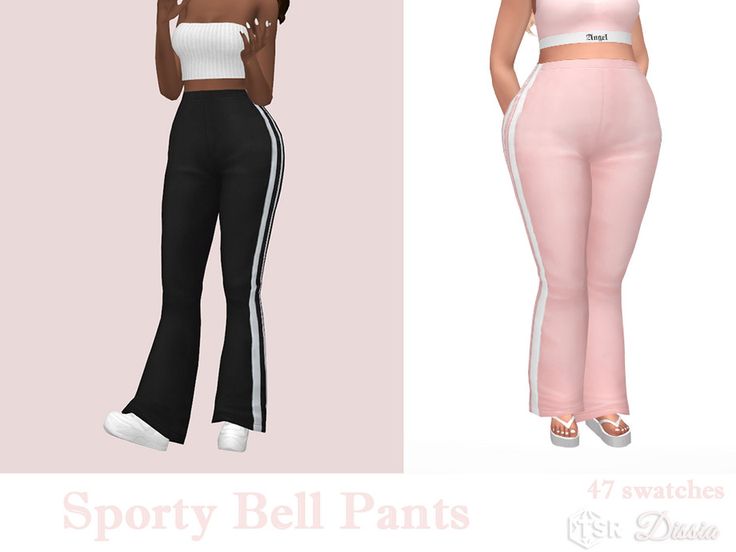 two different styles of women's pants and crop tops, one in pink and the other in black