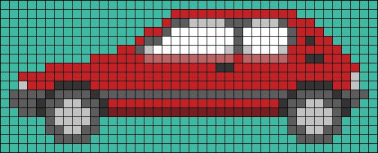 a red car is shown in the middle of a cross stitch pattern on a green background