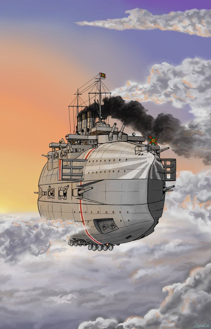 an artist's rendering of a ship floating in the sky