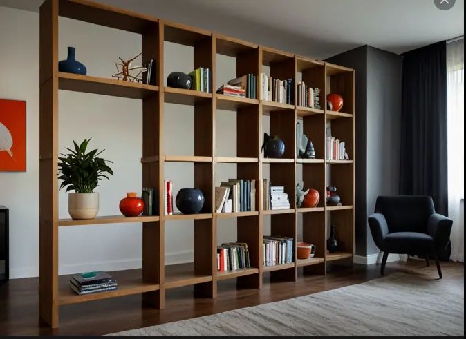 a living room filled with lots of books on top of a wooden book shelf next to a window