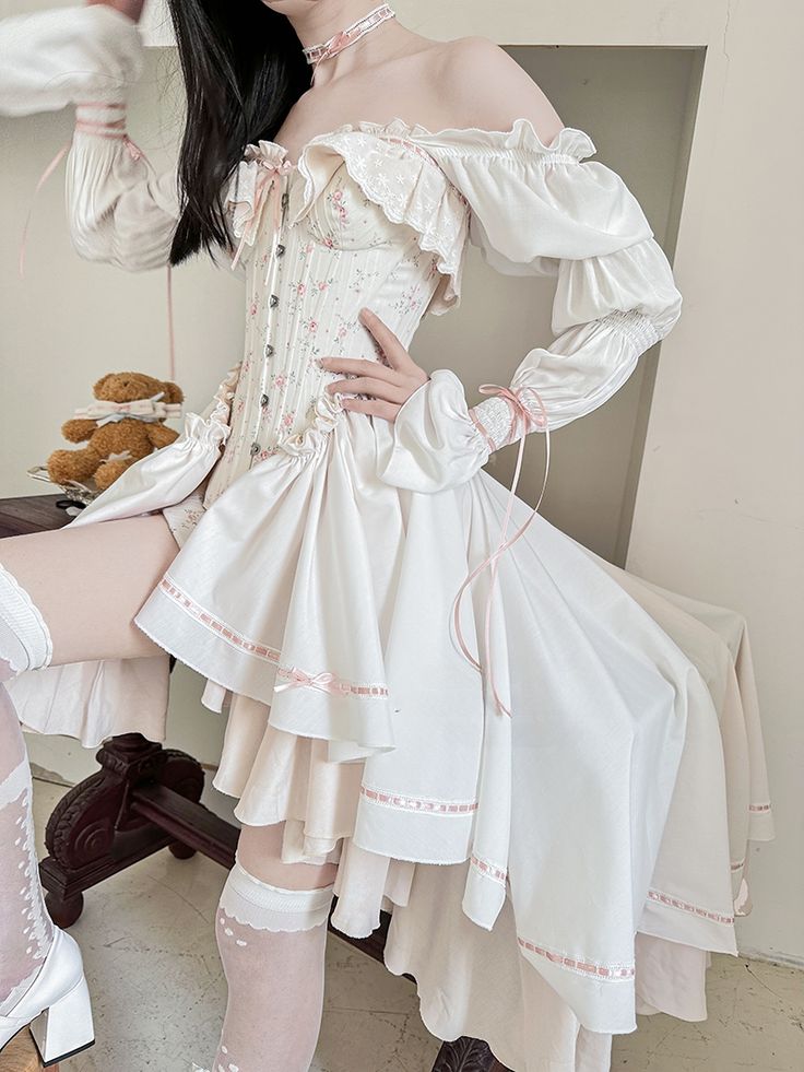 This price includes a top, a pair of bloomers and a train. TopSizeXSSMLFull Length34.53535.536Bust74768084Waist57.559.563.567.5Sleeve Length77.37879.581Cuff17.5181920BloomersSizeSMFull Length28.529Waist5053TrainSizeFree SizeFull Length21-95 Pink Feminine Sets With Ruffles, Feminine Pink Ruffled Sets, Feminine Pink Sets With Ruffles, Fitted Feminine Sets With Ruffles, Feminine Fitted Sets With Ruffles, White Feminine Sets For Spring, Pink Ruffled Corset For Spring, Spring Pink Corset With Ruffles, Spring Pink Ruffled Corset