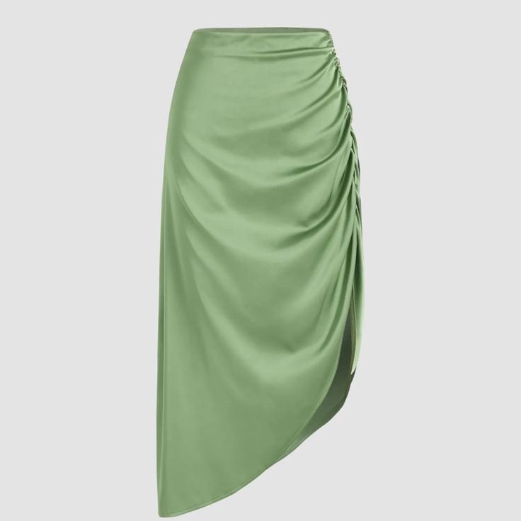 Cider Midi Skirt Ruched Slit Midi Skirt Size Zipper Gathered On One Side Making A High Low Length Mid - High Waist Form Fitting Beautiful Light Green Satin Feel And Look 100% Polyester Size Medium New With Tags Green Fashion Outfits, Long Tight Skirt, Green Satin Skirt, Elegant Midi Skirt, Classy Skirts, Big Box Braids Hairstyles, Best Friend Outfits, Green Mermaid, Fancy Dresses Long